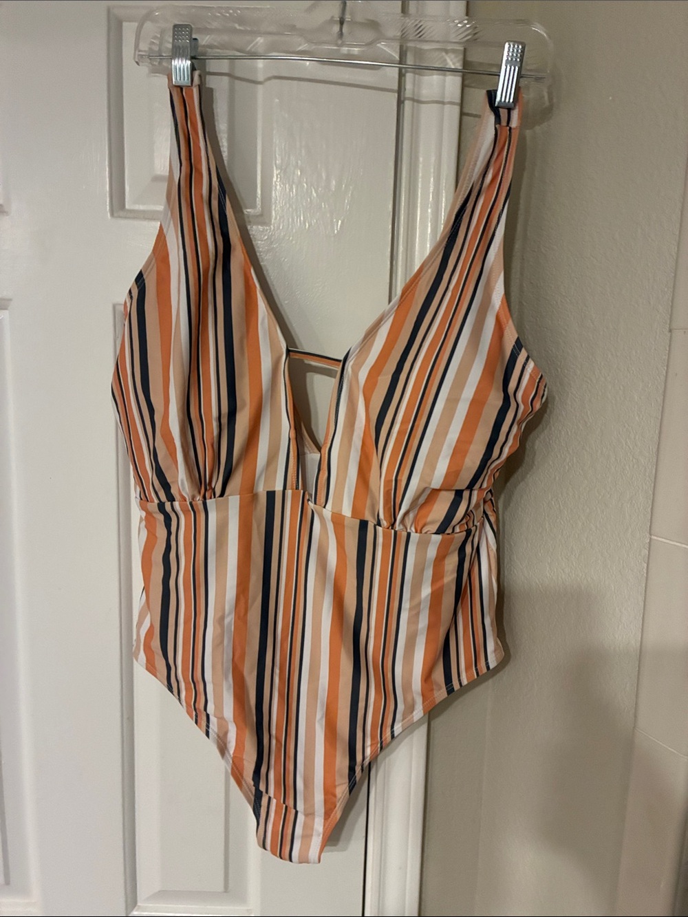 Cupshe Orange, White & Navy Striped V-Neck One-Piece Swimsuit